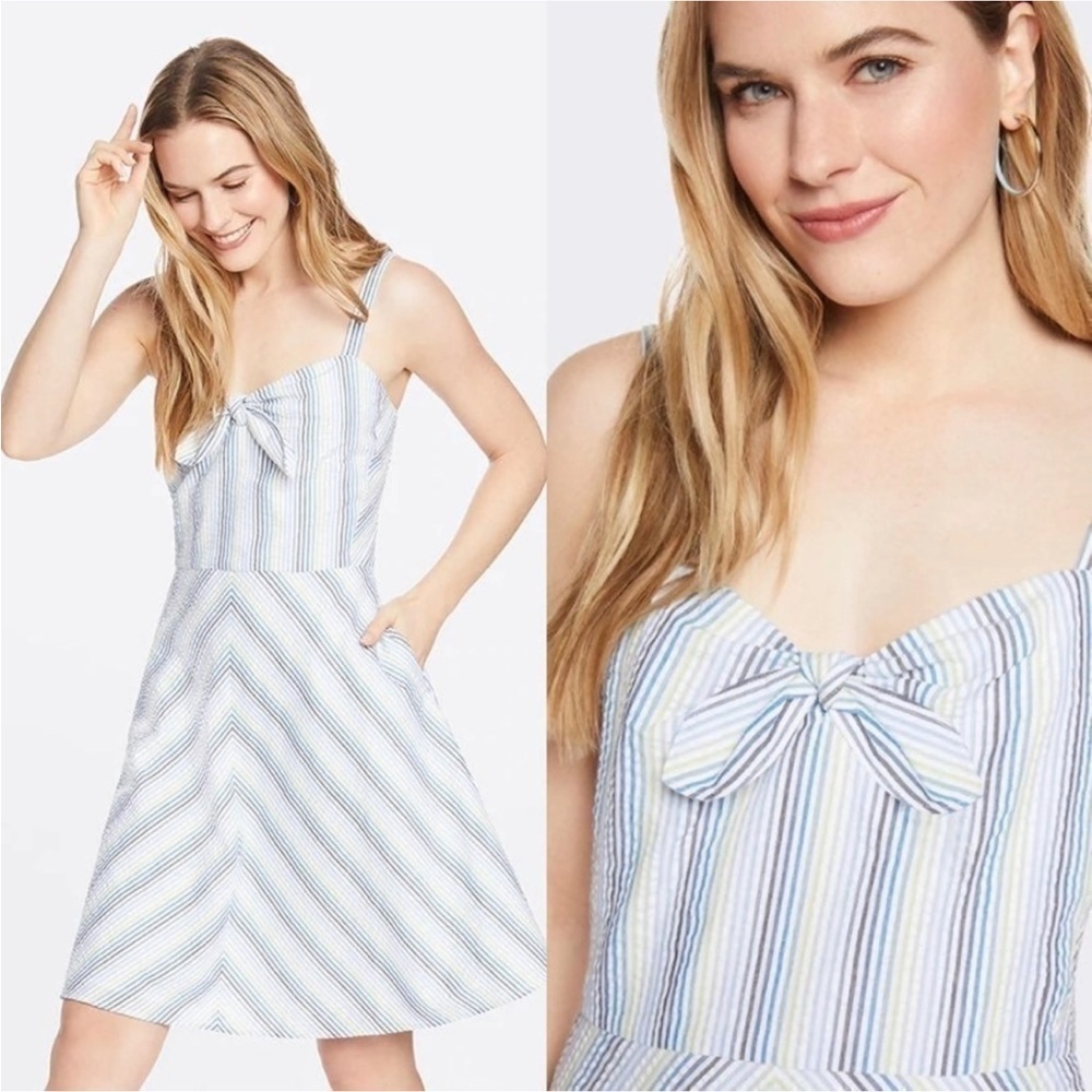 NWT Draper James seersucker bow front dress size 12 blue multi